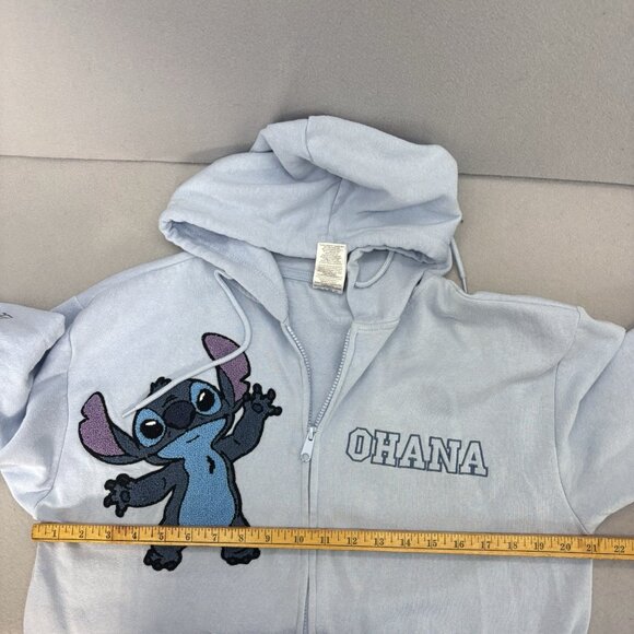 STITCH Disney Ohana Lilo & Stitch Light BLUE Hoodie Zip‎ Jacket SZ Medium Casual - Picture 11 of 13